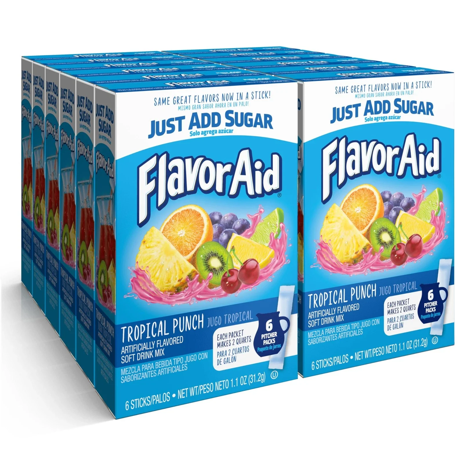Flavor Aid - Tropical Punch Unsweetened 2qt Pitcher Packet Drink Mix 6ct (12 x 1.1oz)