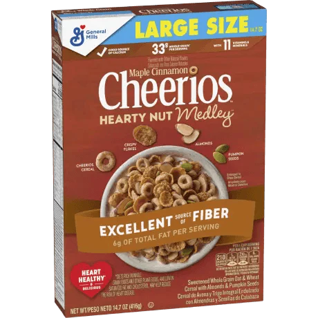 General Mills Cereal - Cheerios Hearty Nut Medley Maple Cinnamon Large Size (12 x 14.7oz)